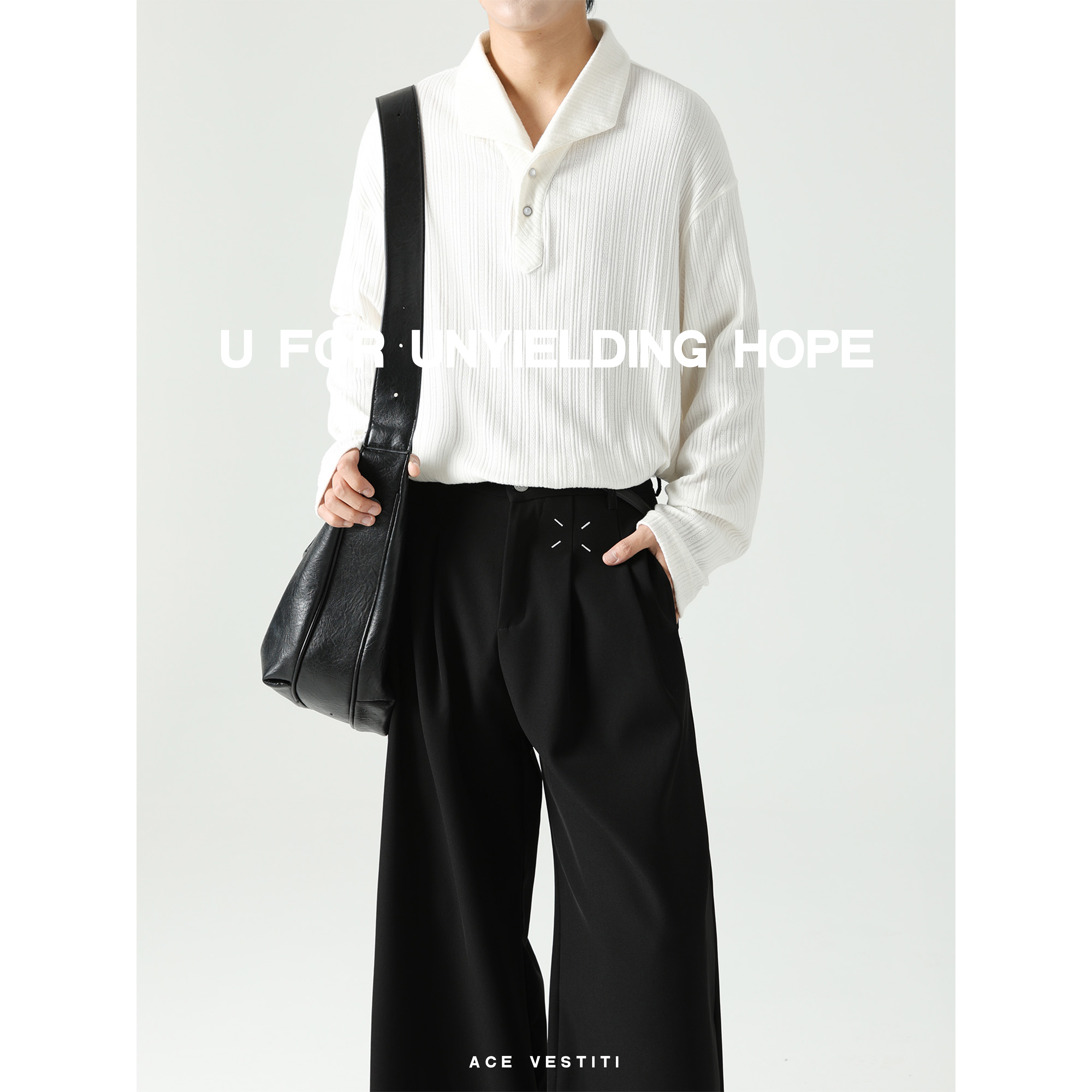 ACE VESTITI 肌理感竖条纹压针织衫女开襟意式一片领长袖男polo衫