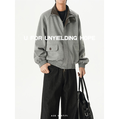 ACE VESTITI 高级感皮领拼接夹克男复古宽松插袋休闲服春秋款