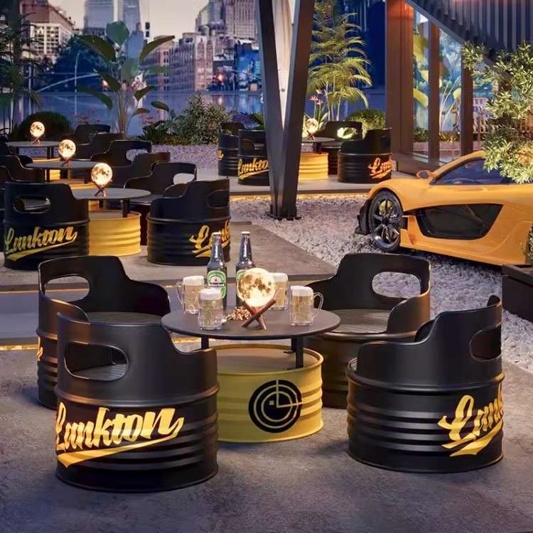 工业风油桶沙发酒吧清吧卡座奶茶店办公室休息区铁艺茶几桌椅组合
