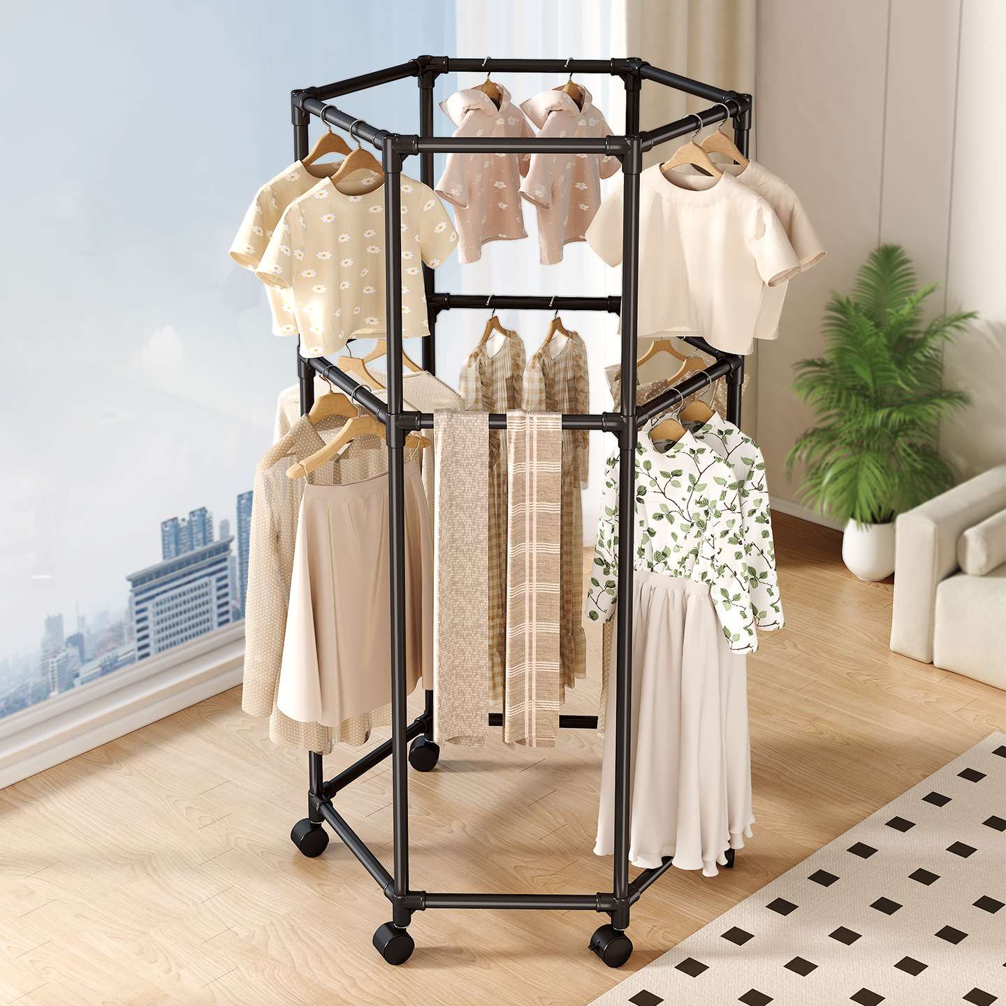 简易可移动多功能落地衣帽架家用卧室衣服收纳架子寝室阳台晾衣架