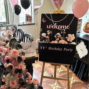 小红书立体花艺迎宾牌生日婚礼节日派对黑白指引牌布置kt板定制