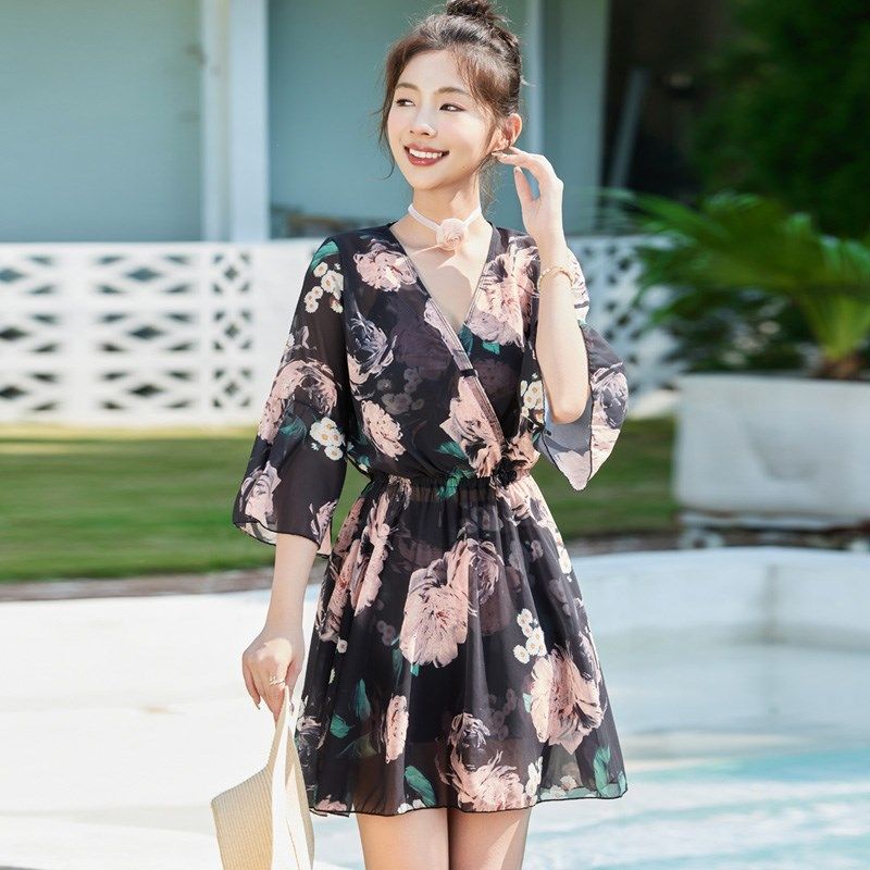 【锦簇繁花】泳衣女款q泡温泉三件套显瘦遮肉黑色保守罩衫妈妈泳,运动/瑜伽/健身/球迷用品,分体泳衣,淘宝优惠券,粉丝福利购,淘宝优惠卷