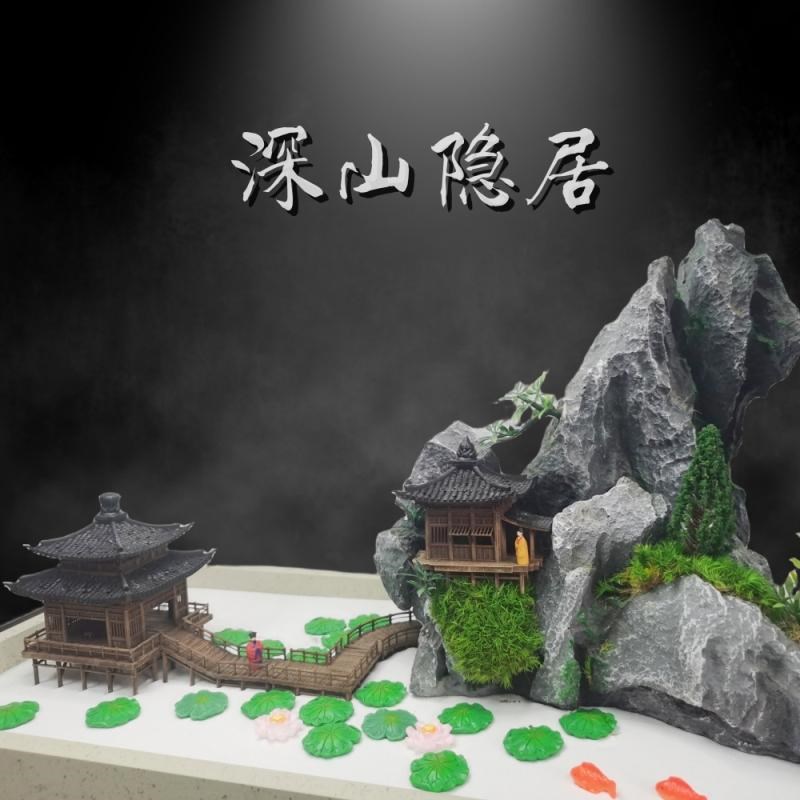 中式桌面装e饰摆景 深山隐居假山石盆景 居室玄关书房古代建筑摆