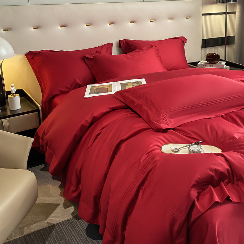 简约高级a结婚铺牀上用品100支长绒棉红色牀单婚庆纯色四件套4,床上用品,婚庆床品套件,淘宝优惠券,粉丝福利购,淘宝优惠卷