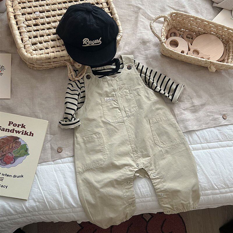 婴儿春秋款连体衣婴儿工装背带裤条纹T恤L套装宝宝外出爬服两件套
