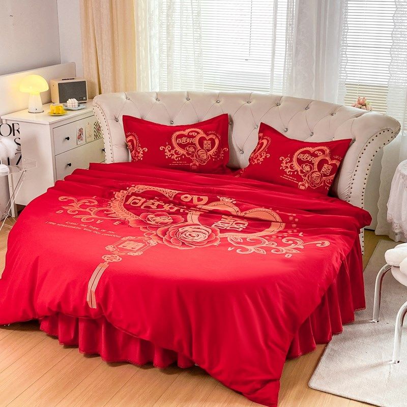 结婚床上用e品四件套大红色婚庆床裙全棉结婚印花喜被圆床2.0m,床上用品,婚庆床品套件,淘宝优惠券,粉丝福利购,淘宝优惠卷