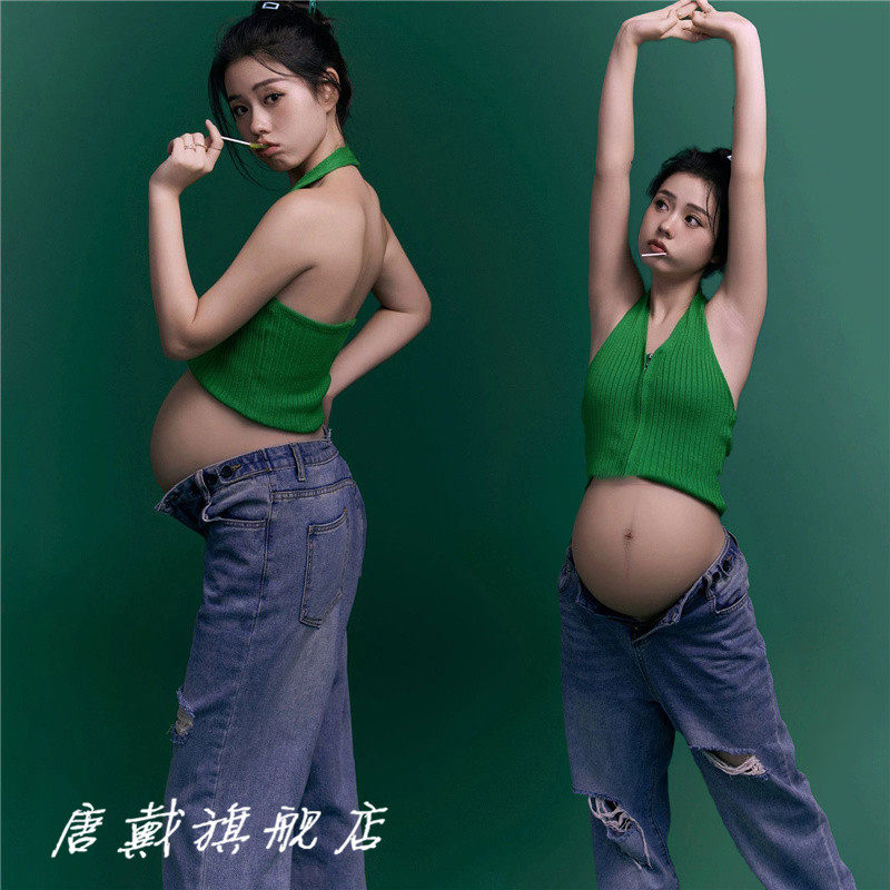 孕妇照服装影楼新款个性时尚牛仔甜酷孕妈K咪大肚艺术拍照摄影服