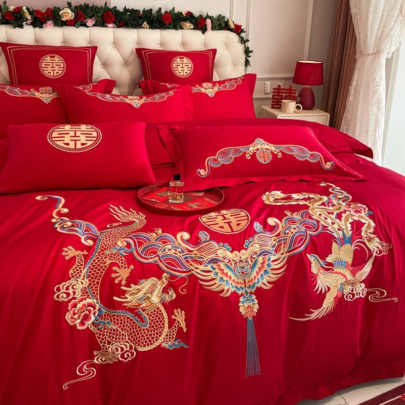 中式龙凤刺绣结婚四件套红色B被套高级感喜庆婚庆床上用品,床上用品,婚庆床品套件,淘宝优惠券,粉丝福利购,淘宝优惠卷