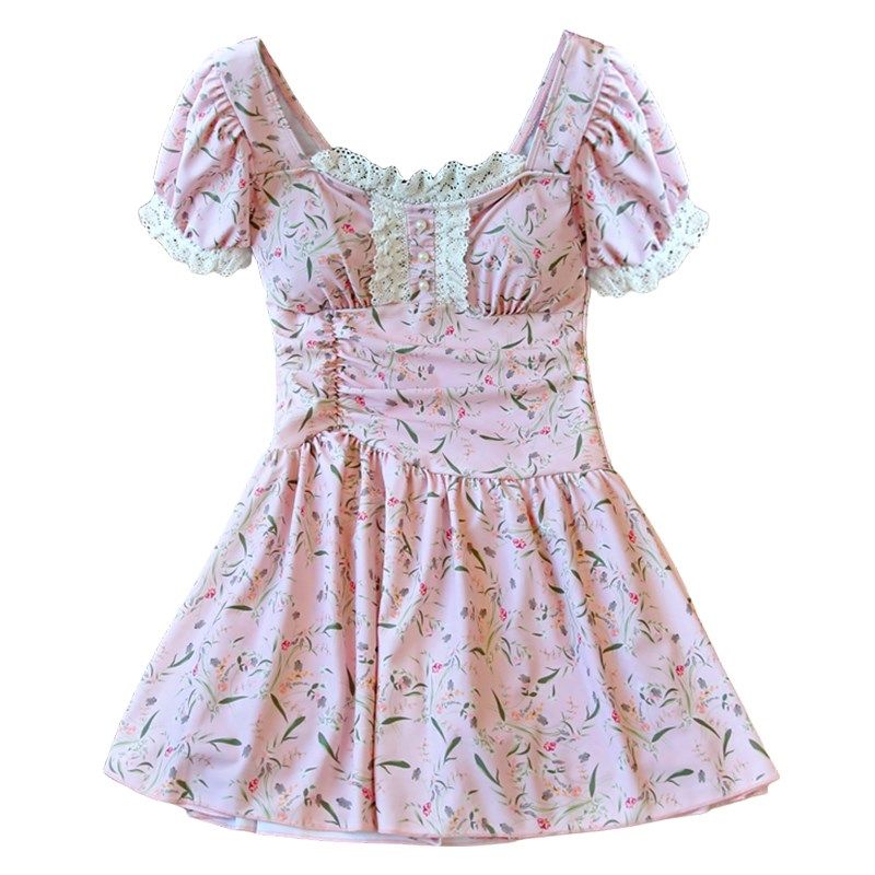 甜美小碎花连体游泳衣少女大码保守显瘦遮肉带R胸垫泡温泉拍照好,运动/瑜伽/健身/球迷用品,连体泳衣,淘宝优惠券,粉丝福利购,淘宝优惠卷