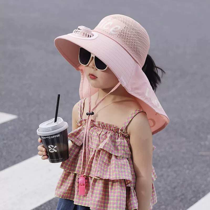儿童防晒帽子夏天带风扇遮阳帽女孩大檐护脖披肩帽男孩字母太阳帽