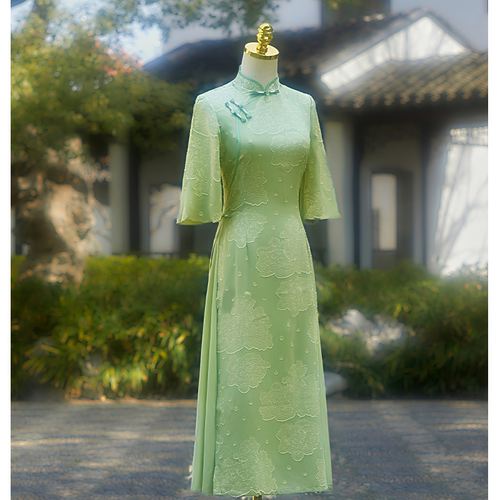 绿色旗袍女春夏季高考送考新中式