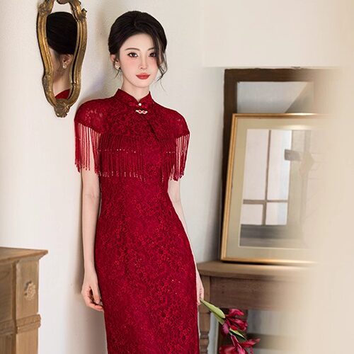 新中式旗袍红色敬酒服蕾丝新娘