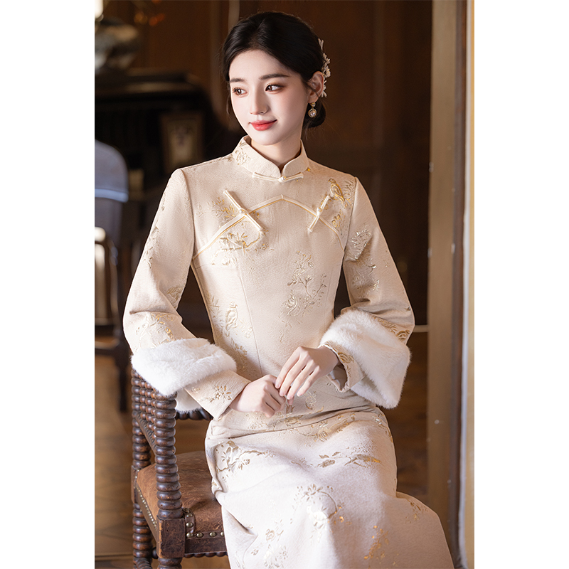 新中式改良旗袍女秋冬加绒立领