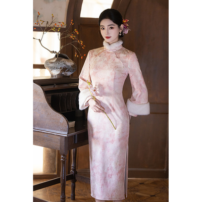 粉色新中式改良旗袍女长袖年轻款