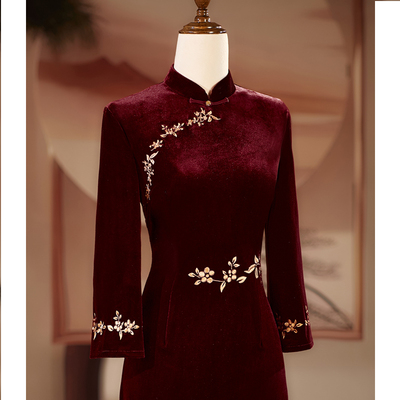 秋冬高贵丝绒中年妈妈丝绒礼服裙