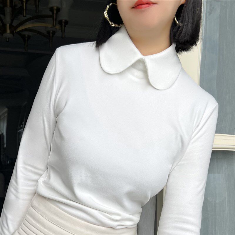 加绒衬衣领打底衫双面德绒白色T恤POLO领保暖女秋冬X加厚长袖磨毛