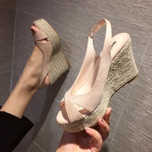 夏季坡跟高跟女鞋子2023新款麻E绳编织一字扣带鱼嘴厚底女凉鞋