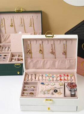 高级绒布首饰盒绿色复古三层大容量防氧化饰品盒带锁梳妆台收纳盒