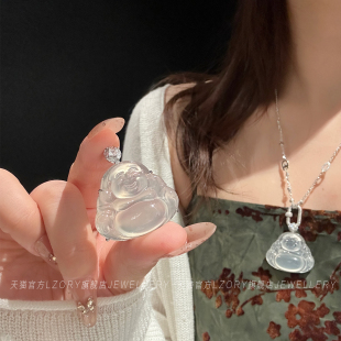 官方纯银高冰透玉髓佛公项链女高级感弥勒佛大肚佛像笑佛女友礼物
