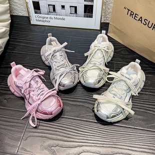 真皮厚底巴黎老爹鞋 女2025年春季 新款 网面透气增高绑带休闲运动鞋