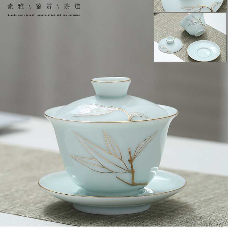 大号手工描金影青盖碗 陶瓷三才盖碗茶杯 功夫泡茶碗茶壶