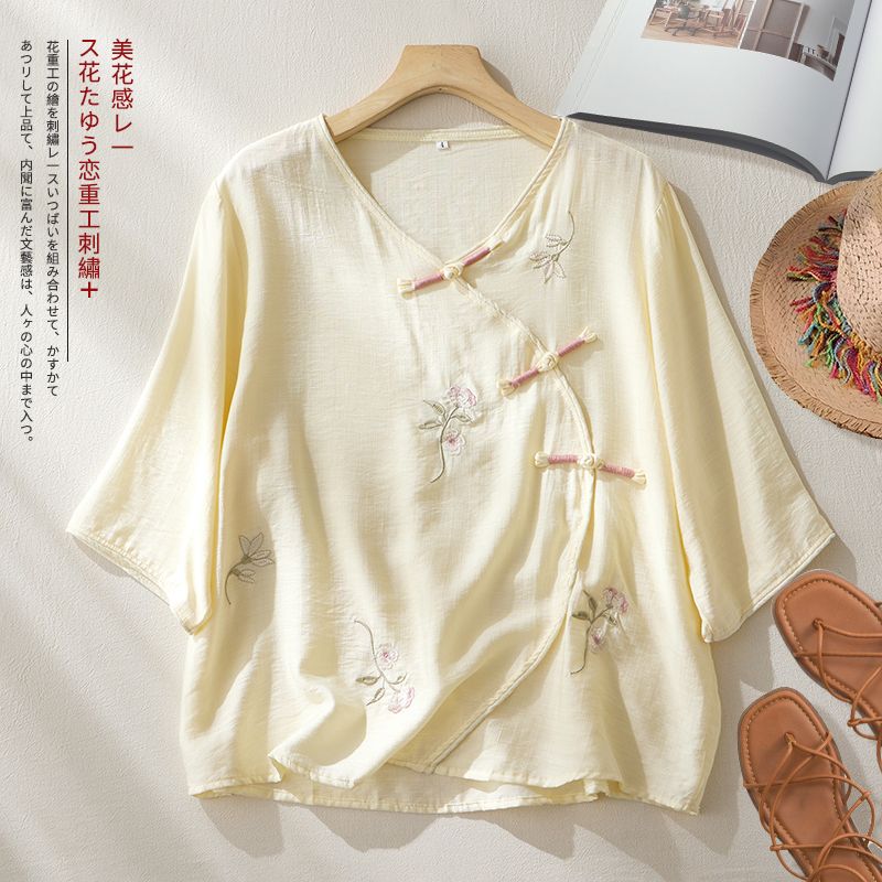 素心中式盘扣服装绣花斜襟衬衫