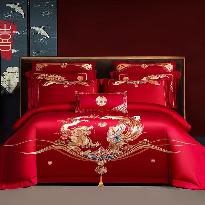 全棉婚庆四件套大红色喜被子z结婚六件套被套刺绣婚房床上用品,床上用品,婚庆床品套件,淘宝优惠券,粉丝福利购,淘宝优惠卷