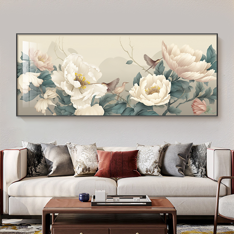 花开富贵客厅装饰画国画牡丹办公室一整幅大画横版沙发背景墙壁画