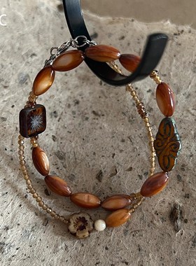 复古棕色花朵捷克珠串珠手链清冷国风高颜值手饰闺蜜小众叠戴手串