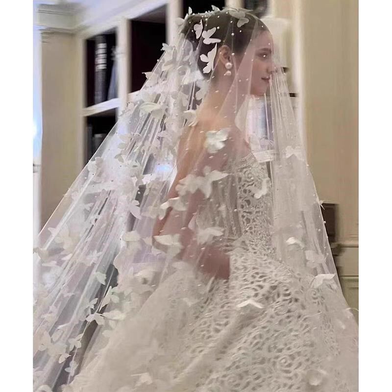 拖尾头纱新娘主婚纱奢华结婚头饰超仙飘逸高级感白色蝴蝶珍珠长款