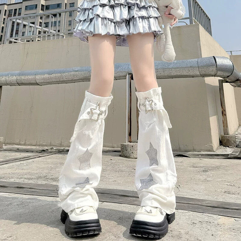 星星皮扣牛仔y2k辣妹腿套女日系朋克暗黑亚文化中筒白色堆堆袜套