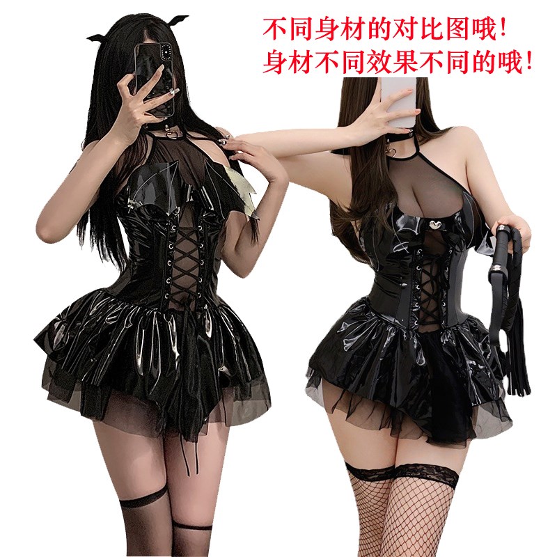二次元小恶魔性感亮面PU挂脖绑带短裙透视套装魅魔COS主播制服女