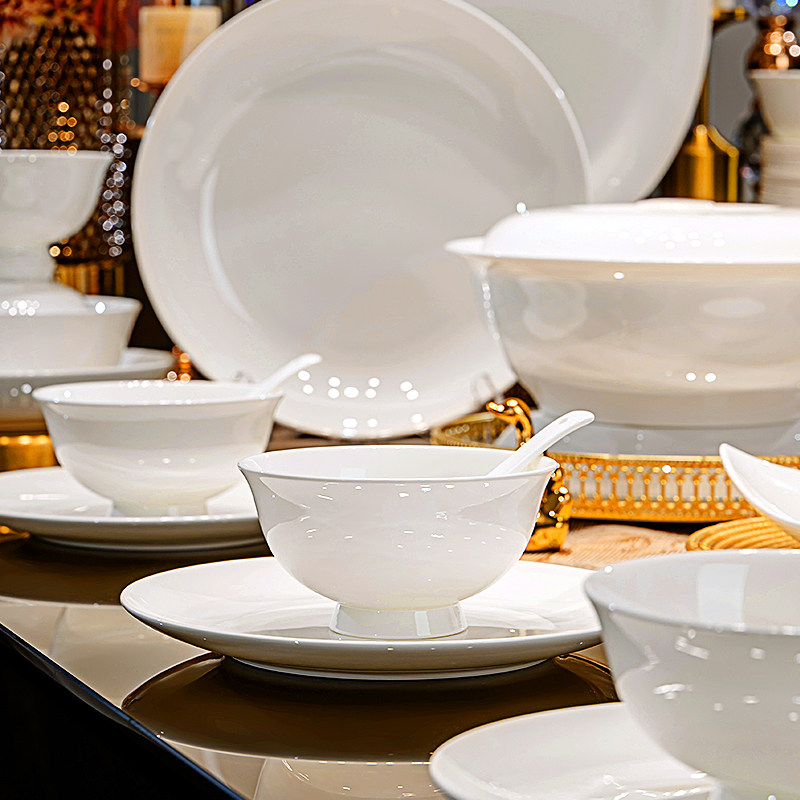 景德镇纯白釉下彩碗碟套装家用骨瓷餐具新款陶瓷高温白瓷碗盘乔迁