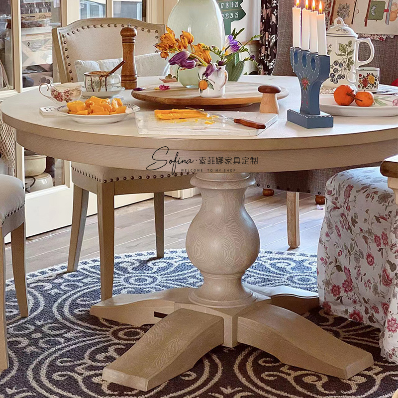 美式实木圆形餐桌小户型家用餐桌欧式现代简约餐桌椅支持定制