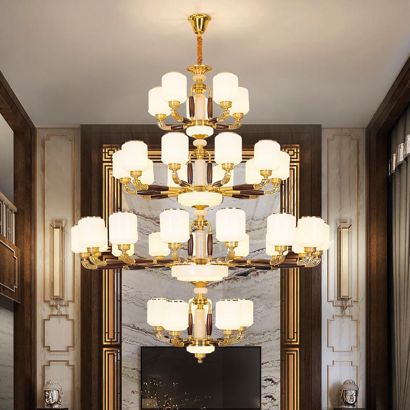 新中式全铜实木复式楼别墅客厅大吊灯跃层楼中楼中空自建房吊灯具