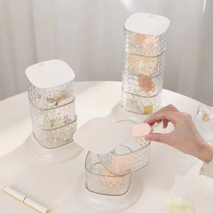 粉扑收纳盒宿舍好物桌面防尘旋转多层梳妆台化妆品棉美妆蛋置物架