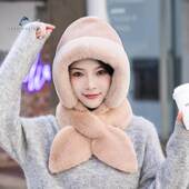 新款 冬季 女加厚保暖帽子围巾一体两件套防寒防风护颈骑车护耳帽子