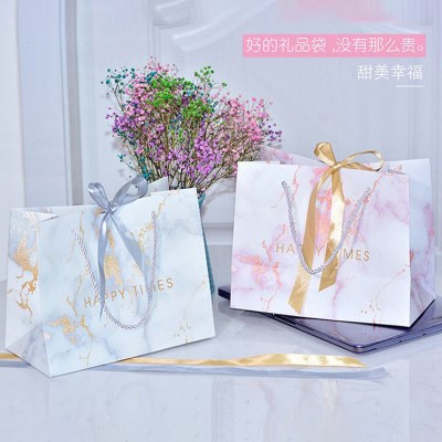 北欧ins时尚礼品袋大理石纹一片式伴礼喜糖袋创意丝带手提服装袋