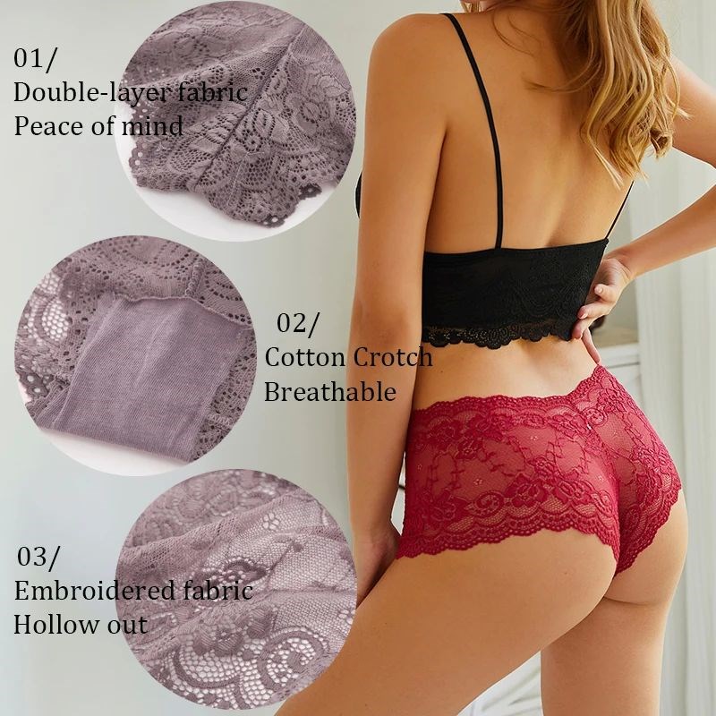 3PCS Women Floral Lace Panties Sexy PerspecPtive Underwear V