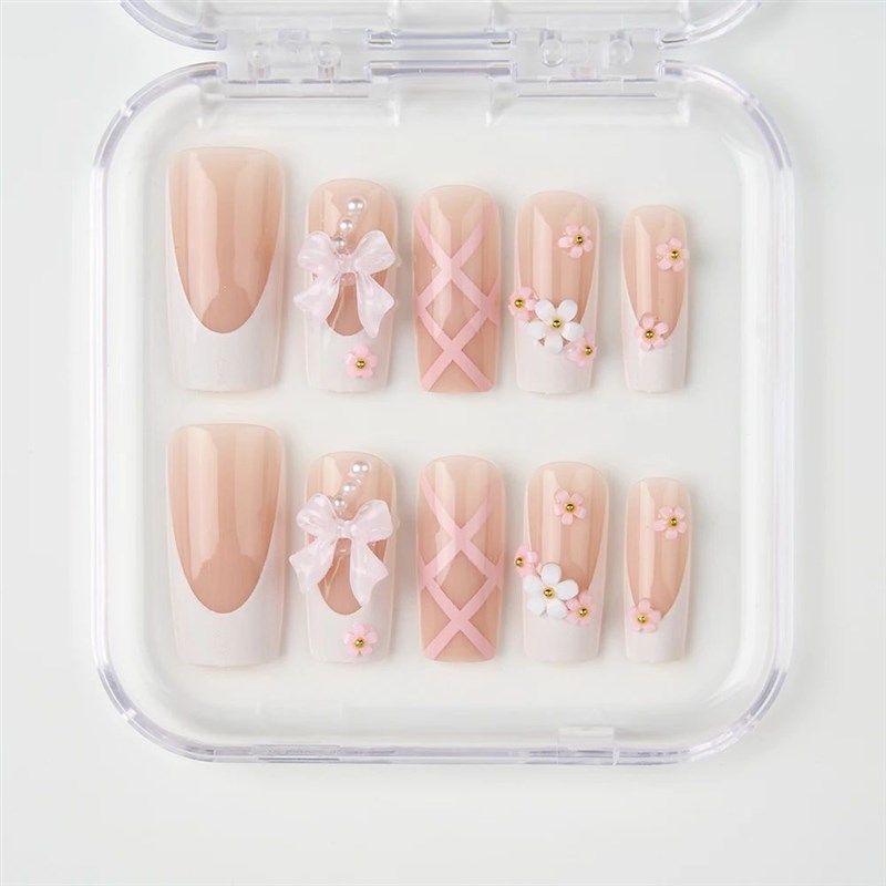 24Pcs Pink Bow Press on Nails 3D FloweJr with Pearl Design A