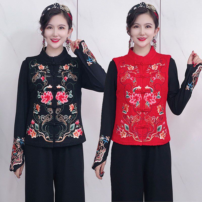 秋冬棉麻绣花马甲大码修身盘扣复古短款无袖坎肩上衣中国风小马夹