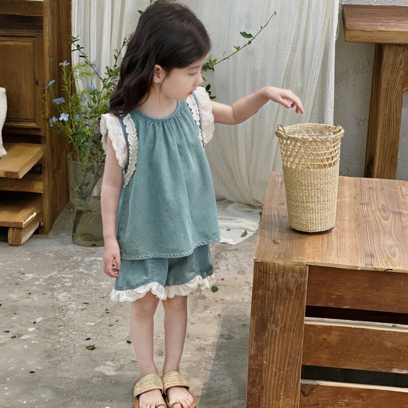 儿童纯棉花边牛仔全棉夏款2024新款小童洋气夏装女童短裤套装薄款
