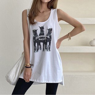 韩式吊带上衣无袖女t恤胖mm遮肚子上衣藏肉夏日印花宽松外穿背心