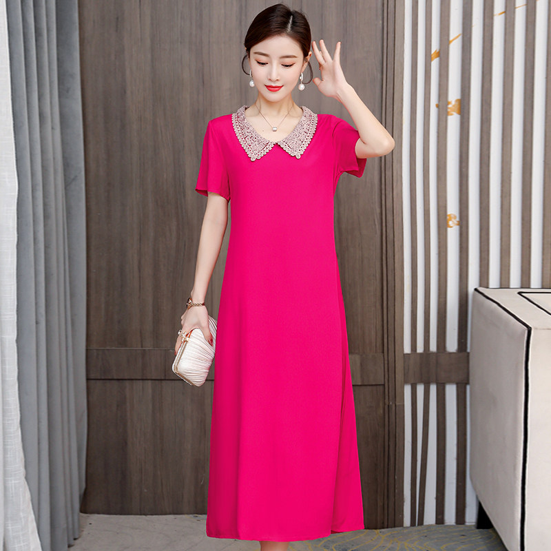 妈妈纯棉绸连衣裙大码中老年女人造棉夏装短袖裙子长款绵绸打底裙