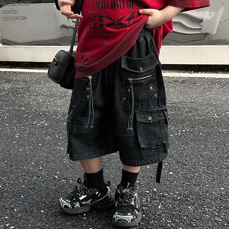 男宝宝重工帅气铆钉黑色口袋牛仔短裤2025夏季男童宽松休闲五分裤