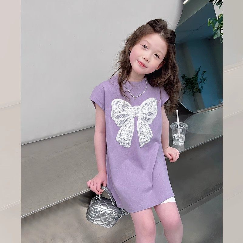 纯棉女童中长款短袖t恤儿童洋气连衣裙子大童装上衣2025夏装新款