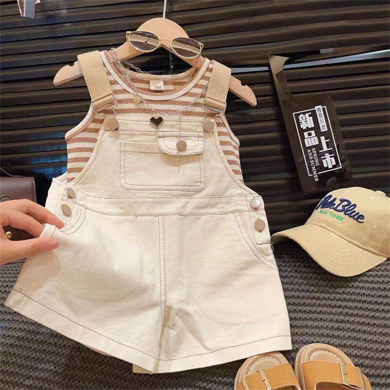 2025韩版女童口袋刺绣套装夏季新款字母条纹打底背带裤背心两件套,童装/婴儿装/亲子装,套装,淘宝优惠券,粉丝福利购,淘宝优惠卷