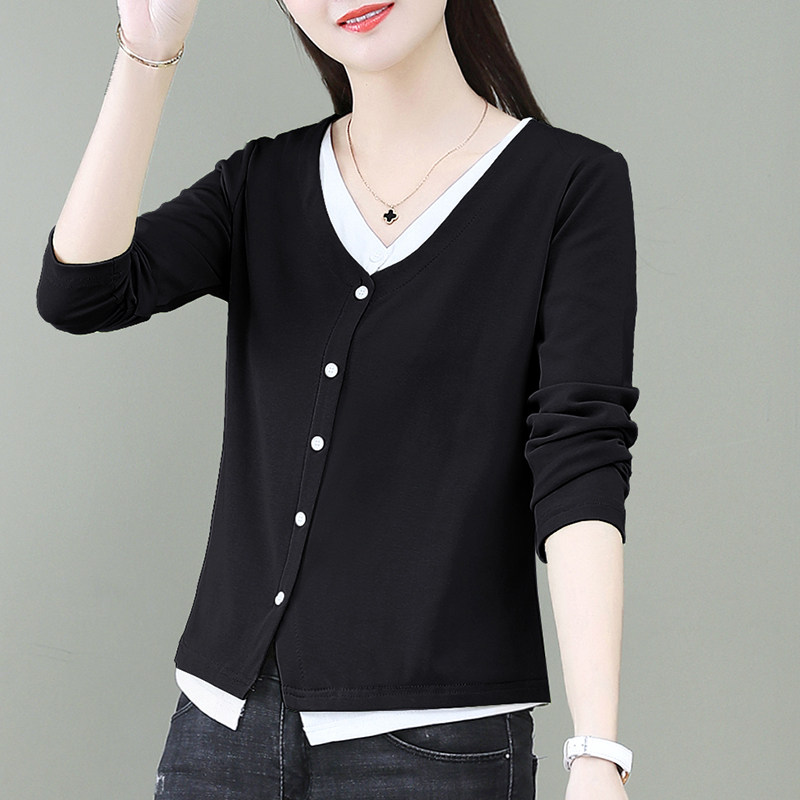 小个子修身显瘦V领长袖t恤女时尚减龄洋气打底衫2024年春秋装上衣