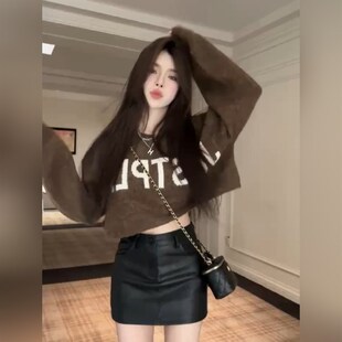 微胖MM慵懒风软糯咖色长袖针织衫秋季新款宽松提花字母短款毛衣女