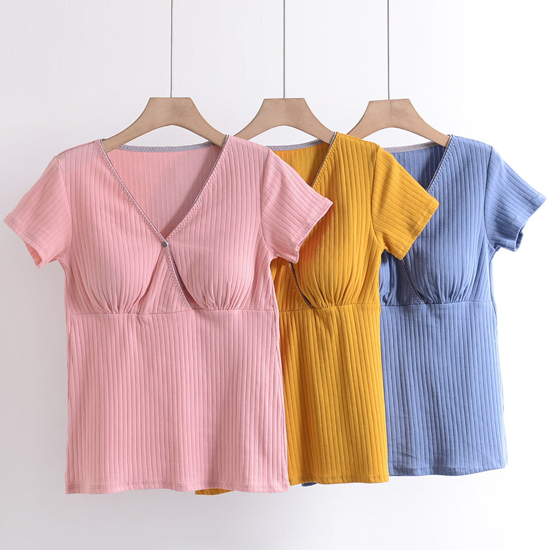 夏纯棉交叉哺乳纯色套头短袖孕妇喂奶衣月子服产后上衣t恤可外穿